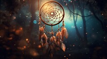 A Photograph Capturing A Dream Catcher Suspended In Mid-air, Its Intricate Web Glimmering With Fragments Of Vivid, Ethereal Dreams.