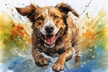 Fluid Dog Run Watercolor Splash. Nature Art. Generate Ai