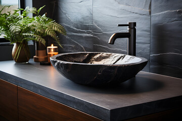 Wall Mural - Stylish black marble vessel round sink and faucet on stone countertop. Interior design of modern bathroom