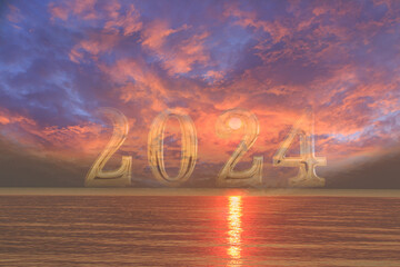 Happy New Year 2024  concept image with text  over sea on sun rising sky background