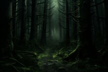Eerie Forest Creepy Dark. Mist Moon Fog. Generate Ai