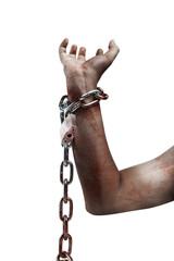 Sticker - The hand of a scary zombie with blood and wounds tied on the iron chain