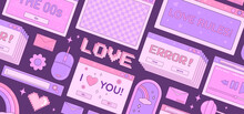 Valentine's Day Y2K Banner With Retro Computer Desktop Windows, Rainbow, Lollipops, Flowers And Pixel Heart Symbols. Vector Illustration.