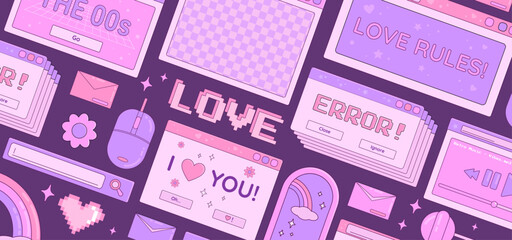 Wall Mural - valentine's day y2k banner with retro computer desktop windows, rainbow, lollipops, flowers and pixe