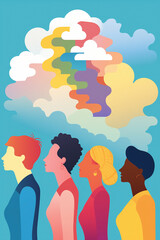 Wall Mural - Silhouette group of four creative people outside the norm gathered under colorful cumulus clouds. Meeting of emotional, mental and behavioral divergence living in society with a collective dream.