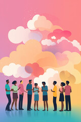 Wall Mural - Meeting of emotional, mental and behavioral divergence living in society with a collective dream. Silhouette group of nine creative people outside the norm gathered under colorful cumulus clouds.