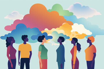 Wall Mural - Silhouette group of six creative friends outside the norm gathered under colorful cumulus clouds. Meeting of emotional, mental and behavioral divergence living in society with a collective dream.