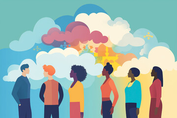 Wall Mural - Silhouette group of six creative people outside the norm gathered under colorful cumulus clouds. Meeting of emotional, mental and behavioral divergence living in society with a collective dream.