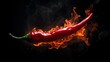 Red hot chili pepper in fire on black background. Chili pepper burning in fire
