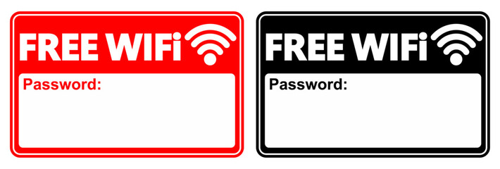 Wall Mural - Set red and black free Wifi icon sign. Wifi password labels design template Vector illustration