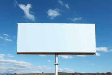  Blank billboard on clear blue sky with white cloud. Concept of media with empty background. Generative AI