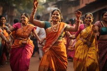 Indian Women Dancing On The Streets In Traditional Clothes