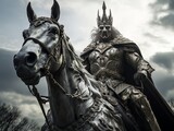 Fototapeta  - White horseman of apocalypse warrior in white golden armor riding white horse AI