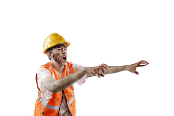 Wall Mural - A scary construction worker zombie with blood and wounds on his body walking