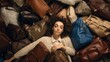 © thesweetsheep - Elegant Woman Reclining on a Stack of High-End Designer Handbags - Fashion and Opulence Concept, Lavish Luxury Lifestyle