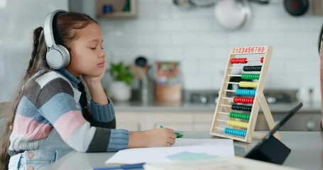 Canvas Print - Home school, yawn and tired child with tablet, headphones and fatigue while learning with video for education. Elearning, studying and exhausted girl with homework in kitchen for online class project