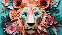 Colorful portrait of lion surrounded with spring flowers. Abstract creative idea of animal in paper sculptures collage style.