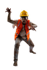 Wall Mural - A scary construction worker zombie with blood and wounds on his body walking