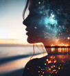 Double exposure photo, woman and universe blend together,galaxy, nebula,human and nature, peace of mind,abstract mentation,meditation,contemplative