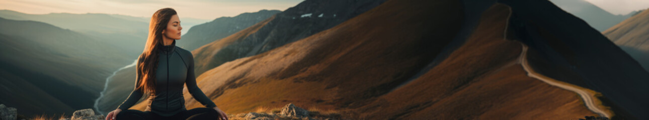 A thin, athletic girl meditates early in the morning against the backdrop of the mountains, enjoying the silence and freedom.