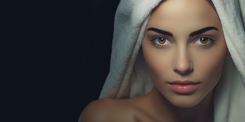 Poster - Closeup portrait of a woman with her head covered in a white towel on a black background with copy space