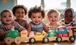 multicultural daycare center with African American toddler babies. Group of workers with babies in nursery or kindergarten playful.