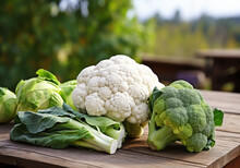 Fresh Cauliflower, Cabbage And Broccoli On A Wooden Table, In The Field. Healthy Food Concept. AI Generated