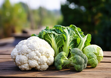 Fresh Cauliflower, Cabbage And Broccoli On A Wooden Table, In The Field. Healthy Food Concept. AI Generated