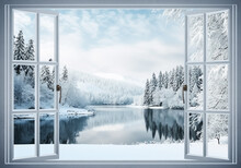 Cold Winter Landscape With Lots Of Snow, Seen Through An Open Window. AI Generated