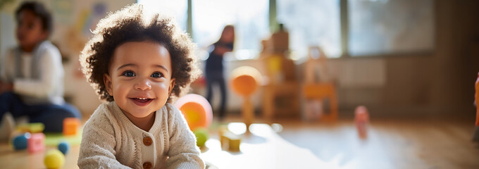 multicultural daycare center with African American toddler babies. Group of workers with babies in nursery or kindergarten playful.