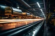 a shimmering metallic assembly line surface under low light, where the long time exposure captures the trail of lights from moving machinery in the blurred factory backdrop
