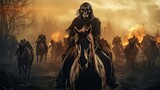 Fototapeta  - Black horseman skull of apocalypse riding black horse AI