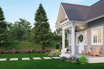 Wall Mural - Tiny house with empty green lawn for copy space 3d render