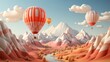 A colorful fleet of aerostats gracefully soars over majestic mountains, transporting passengers through the vast open sky