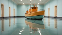 Amidst The Walls And Floor Of An Indoor Space, A Magnificent Model Boat Glides Gracefully On Its Reflection, Evoking Thoughts Of Transport, Watercraft, And The Vastness Of The Sea