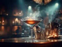 Exclusive Drink With Smoke Standing On Bar In The Club
