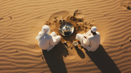 Muslim men in white traditional clothes who drink coffee or tee and enjoys calm morning in midst of endless sandy desert with pure white sand in open air, top view