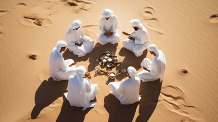 Muslim men in white traditional clothes who drink coffee or tee and enjoys calm morning in midst of endless sandy desert with pure white sand in open air, top view