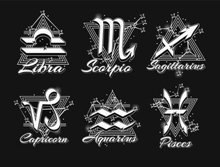 Wall Mural - Monochrome icons of zodiac sign Libra, Scorpio, Sagittarius, Capricorn, Aquarius, Pisces with constellation, text, triangle as alchemical symbol of the elements. Horoscope symbols on black background