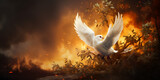bird in flight White dove flies against the backdrop of a burning city A pigeon flying over a war destroyed city, generative AI

