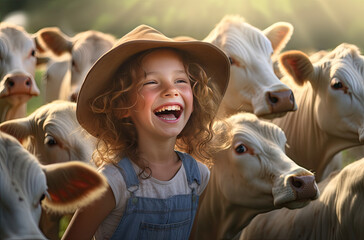 Wall Mural - happy kid smiling on farm with many cows behind