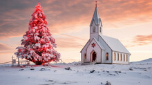 Church In The Snow With Big Christmas Tree