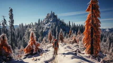 Wall Mural - a person walking on a snowy trail with trees