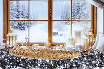 Canvas Print - Winter window and chrismtas pedestal of free space for your decoration. 