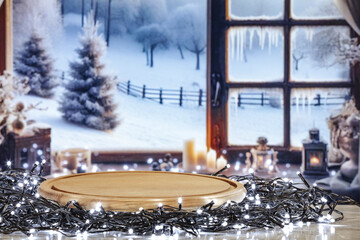 Wall Mural - Winter window and chrismtas pedestal of free space for your decoration. 