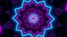 Abstract Background Of A Kaleidoscopic Tunnel Glowing With Vibrant Blue, Purple And Red Neon Lights