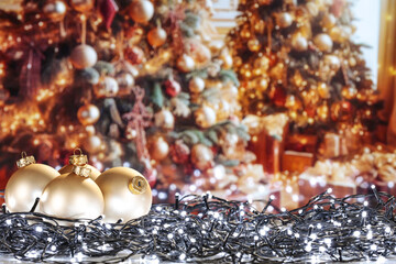 Wall Mural - Desk of free space and christmas balls. Home interior and christmas tree. 