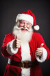 © Art AI Gallery - Smiling santa claus in christmas costume showing thumbs up gesture isolated on black background
