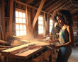 © Santijago - Beautiful afro american girl carpenter works on the machine with the wooden product manufacturing. The young woman cuts the wood of various configurations on the circular saw machine.