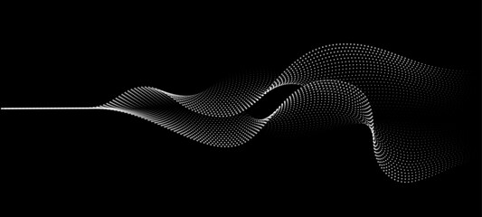Flowing dots particles wave pattern 3D curve halftone white curve shape isolated on black background. Vector in concept of technology, science, music, modern.